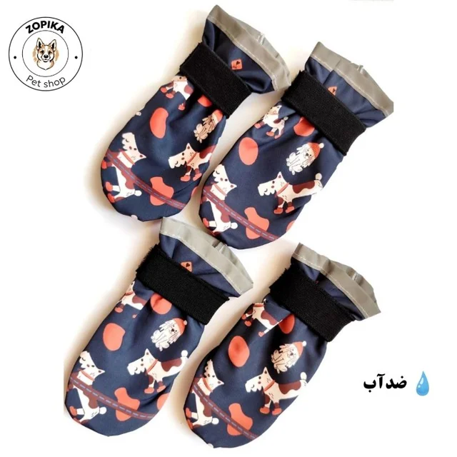 نمای جلوی پاپوش ضد آب سگ طرح عروسکی با بند چسبی قابل تنظیم و کف ضخیم لاستیکی ضد لغزش
